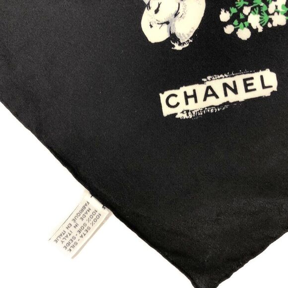 CHANEL Vintage Camellia & CC Logo Black Silk Scarf - Picture 2 of 8